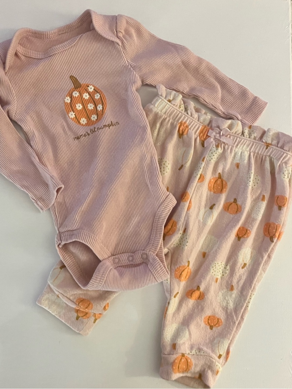 chick pea Pink Ribbed Bodysuit and Pants - fall pumpkin theme 3-6 Months